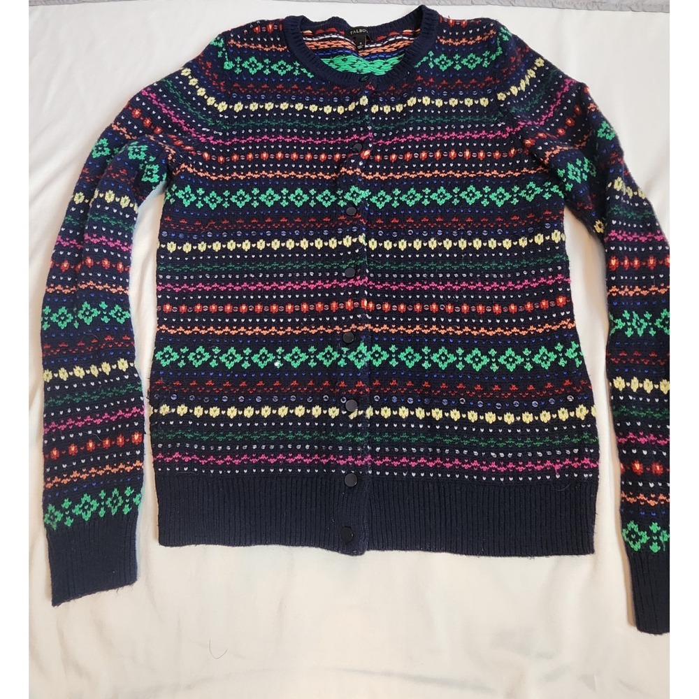 Talbots Women Navy Multi Fair Isle Sequin Cardigan Sweater Lambswool Blend Small